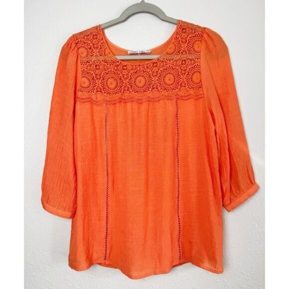 figueroa & flower Tops - Figueroa & Flowers orange peasant‎ lace yoke scoop neck 3/4 sleeve blouse top S